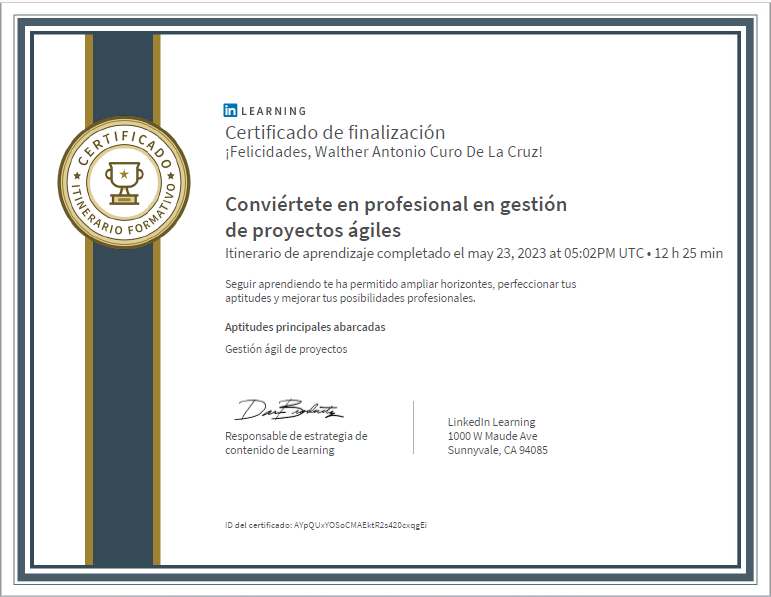 Certificado Conviértete en profesional en gestión de proyectos agiles