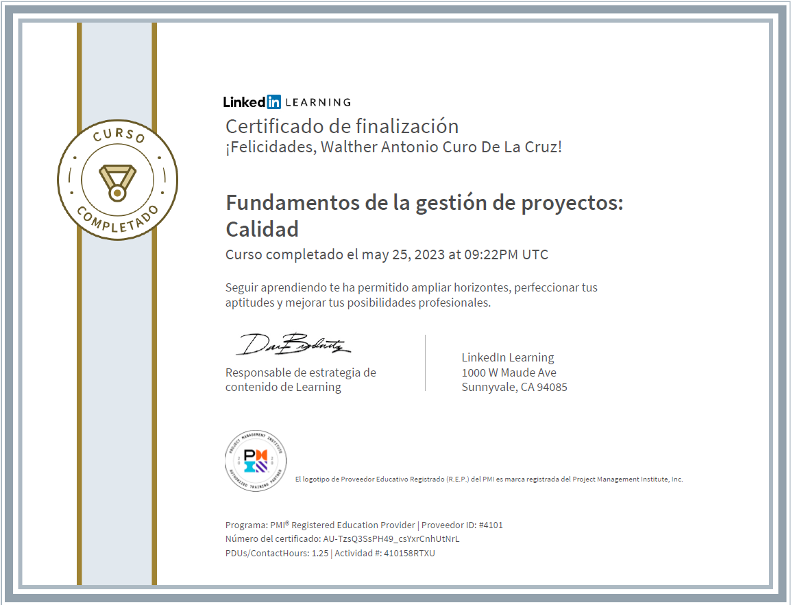 Certificado Fundamentos de la gestión de proyectos Calidad