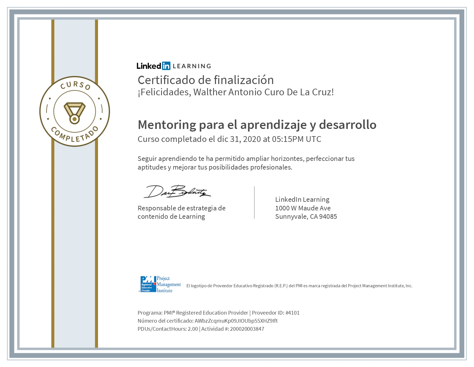 Certificado Mentoring para el aprendizaje y desarrollo