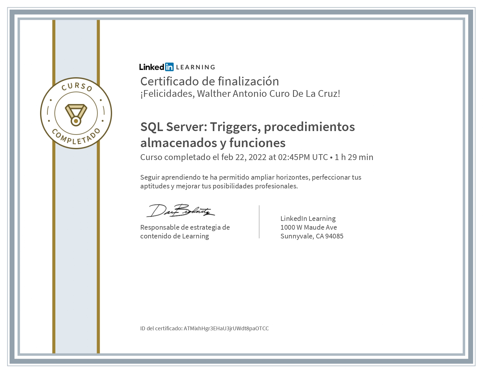 Certificado SQL Server Triggers procedimientos almacenados y funciones
