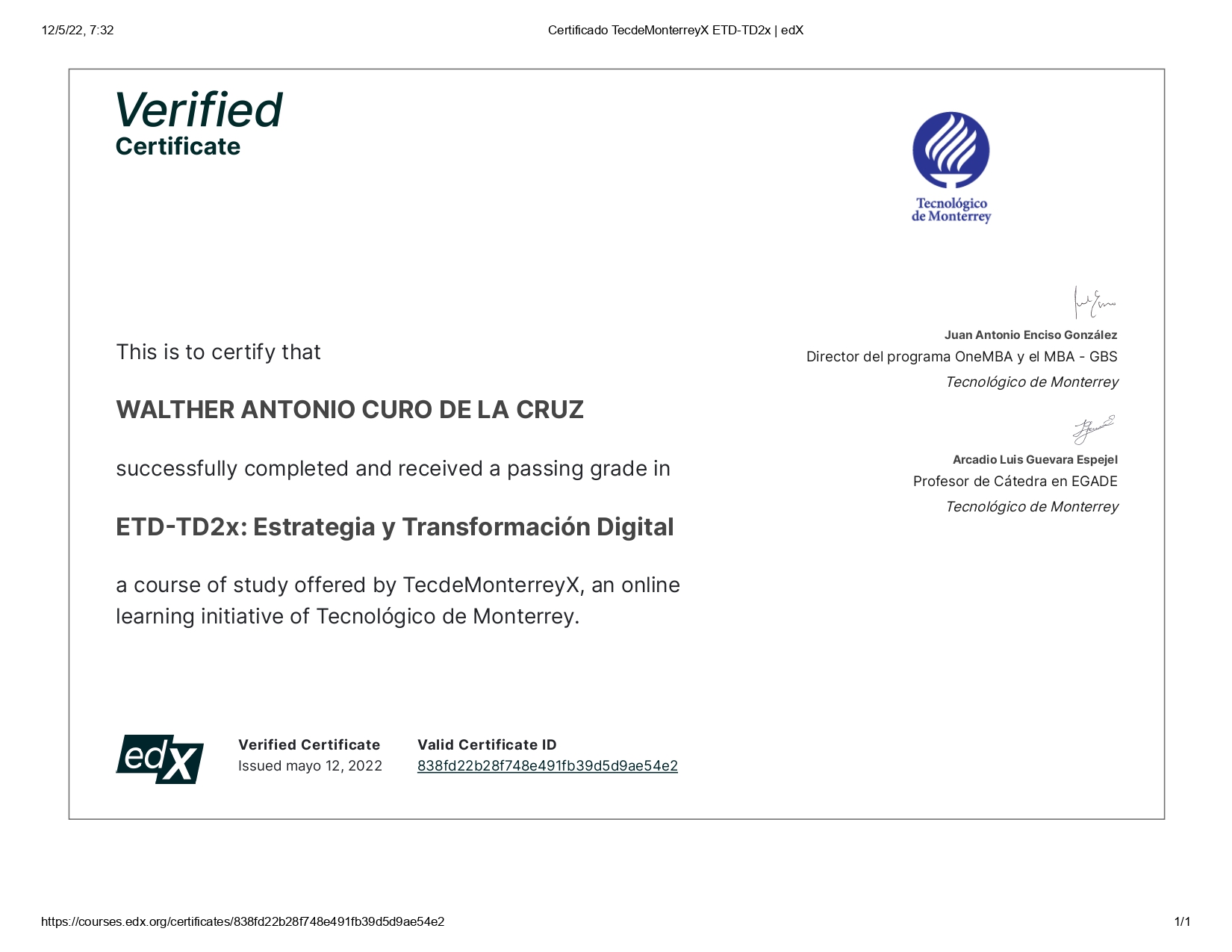 Certificado TecdeMonterreyX ETD-TD2x Estrategia y Transformación Digital