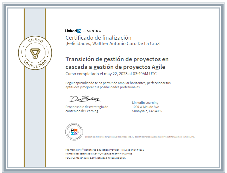 Certificado Transición de gestión de proyectos en cascada a gestión de proyectos Agile
